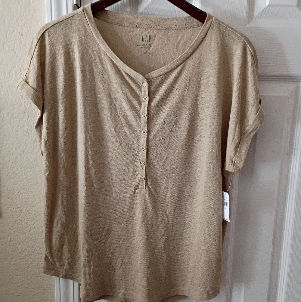 GAP Women's Beige Linen Blend Short Sleeve Top - Picture 1 of 6